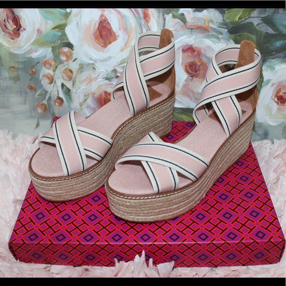 Tory Burch Pink and White Wedges